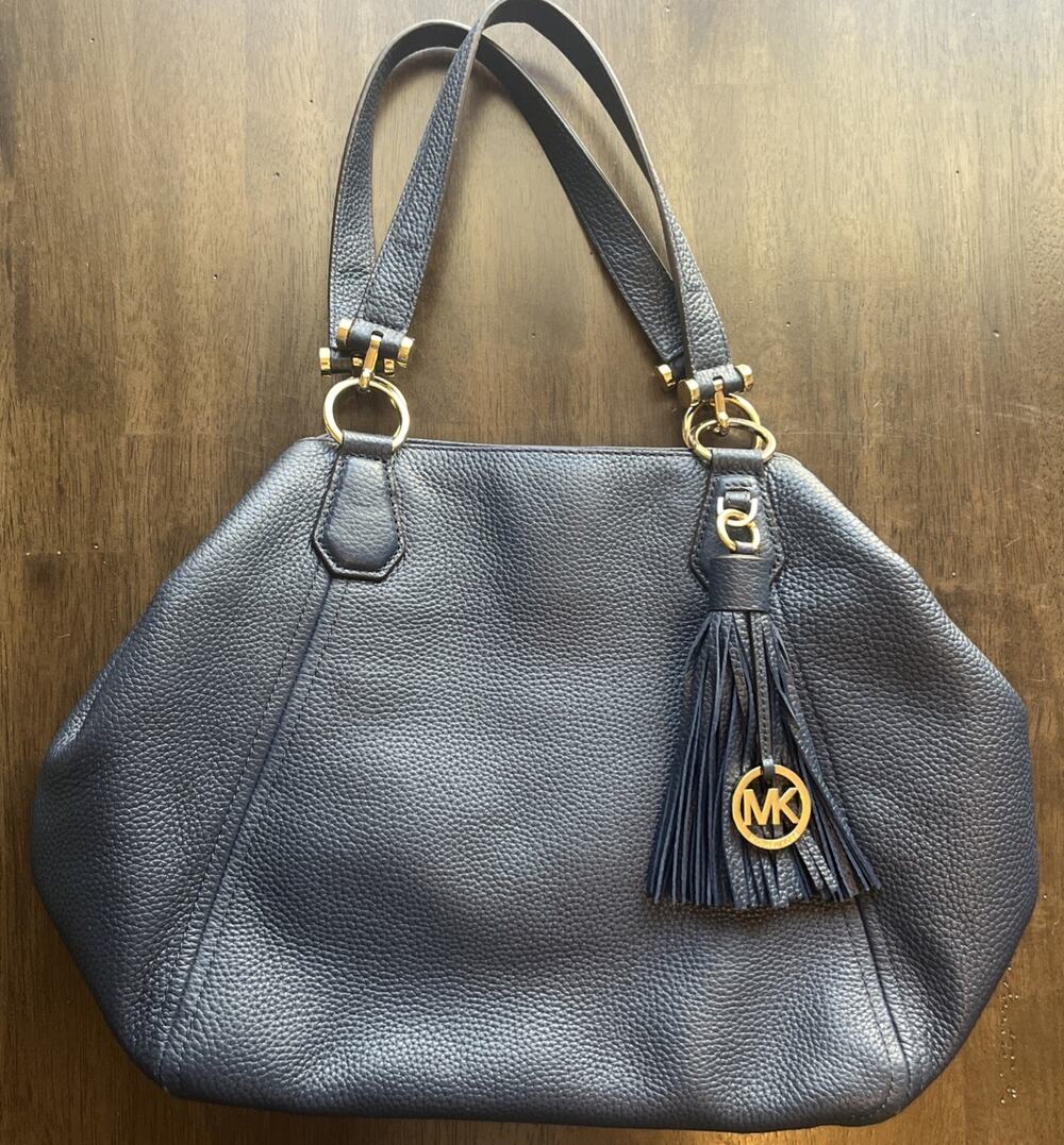 MICHAEL KORS FULTON Leather Pebbled Tote Shoulder Bag Navy Tassel Gold Charm